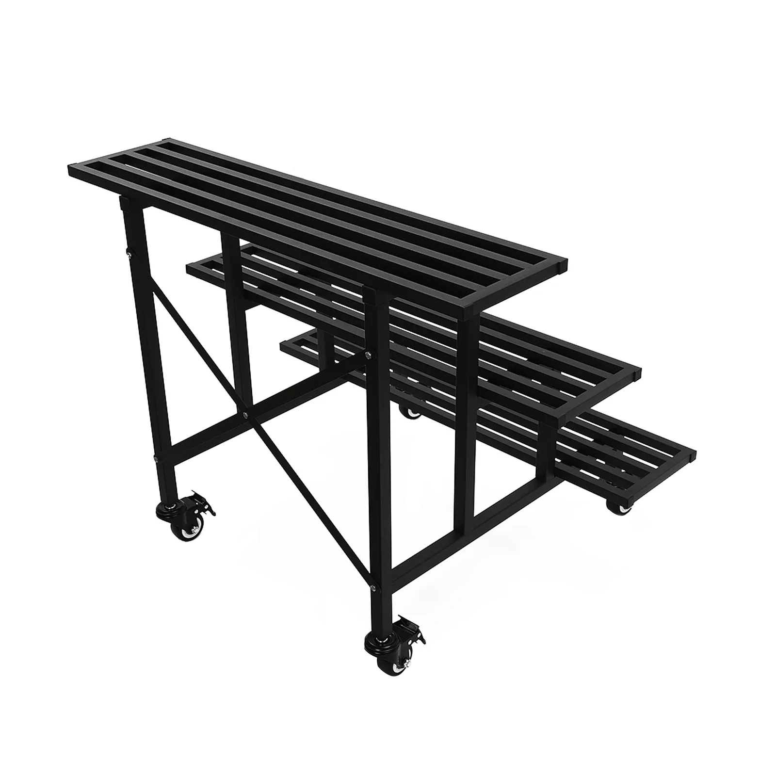 حامل نباتات معدني للحديقة الخارجية من Bymaocar مكون من 3 طبقات مع عجلات - منظم رف زهور فولاذي أسود حديث للاستخدام متعدد الأغراض #3