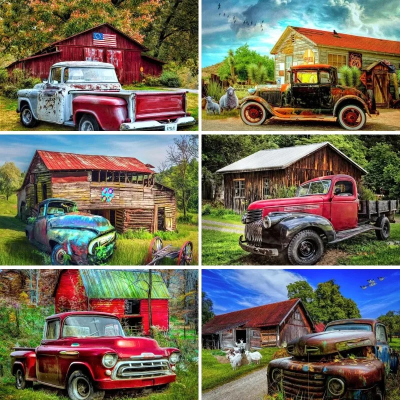 5d 다이아몬드 페인팅 소박한 농장 트럭, 헛간이 있는 빈티지 자동차, 풀 스퀘어 라운드 모자이크 퍼즐, 크로스 스티치 키트 도구 포함