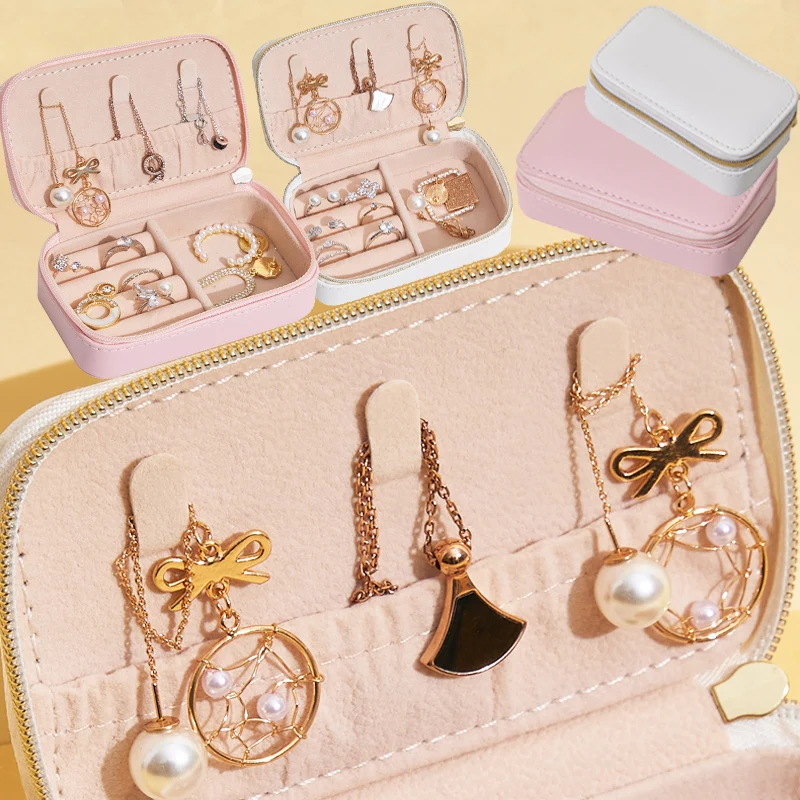 

2022 Portable Packaging Box Jewelry Organizer Display Travel Jewelry Case Boxes Zipper Leather Storage Zipper Jewellery Bag