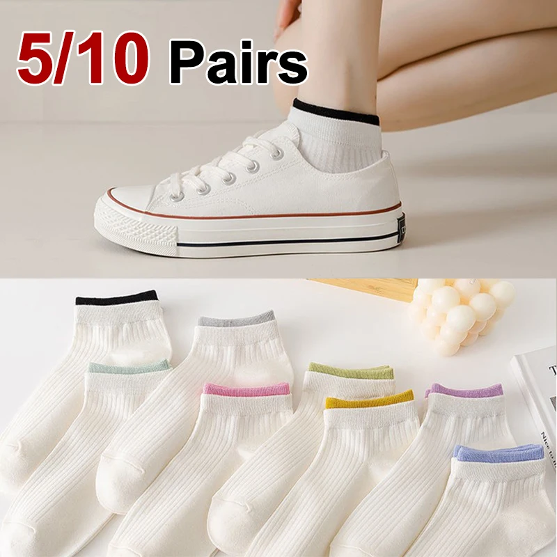 5/10 Paar Damen-Sommer-Bootssocken mit Farbblockierung, modische Dopamin-Farbanpassung, schweißabsorbierende, atmungsaktive Freizeitsocken