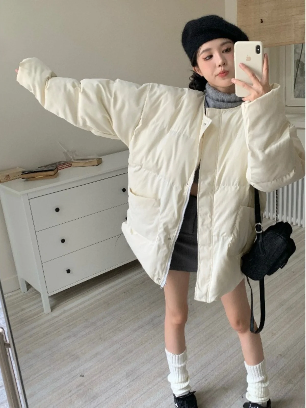 

Белое круглое пальто из неотбеленного хлопка для женщин, зимнее, повседневное, свободного кроя, утягивающее, средней длины, теплое, в корейском стиле