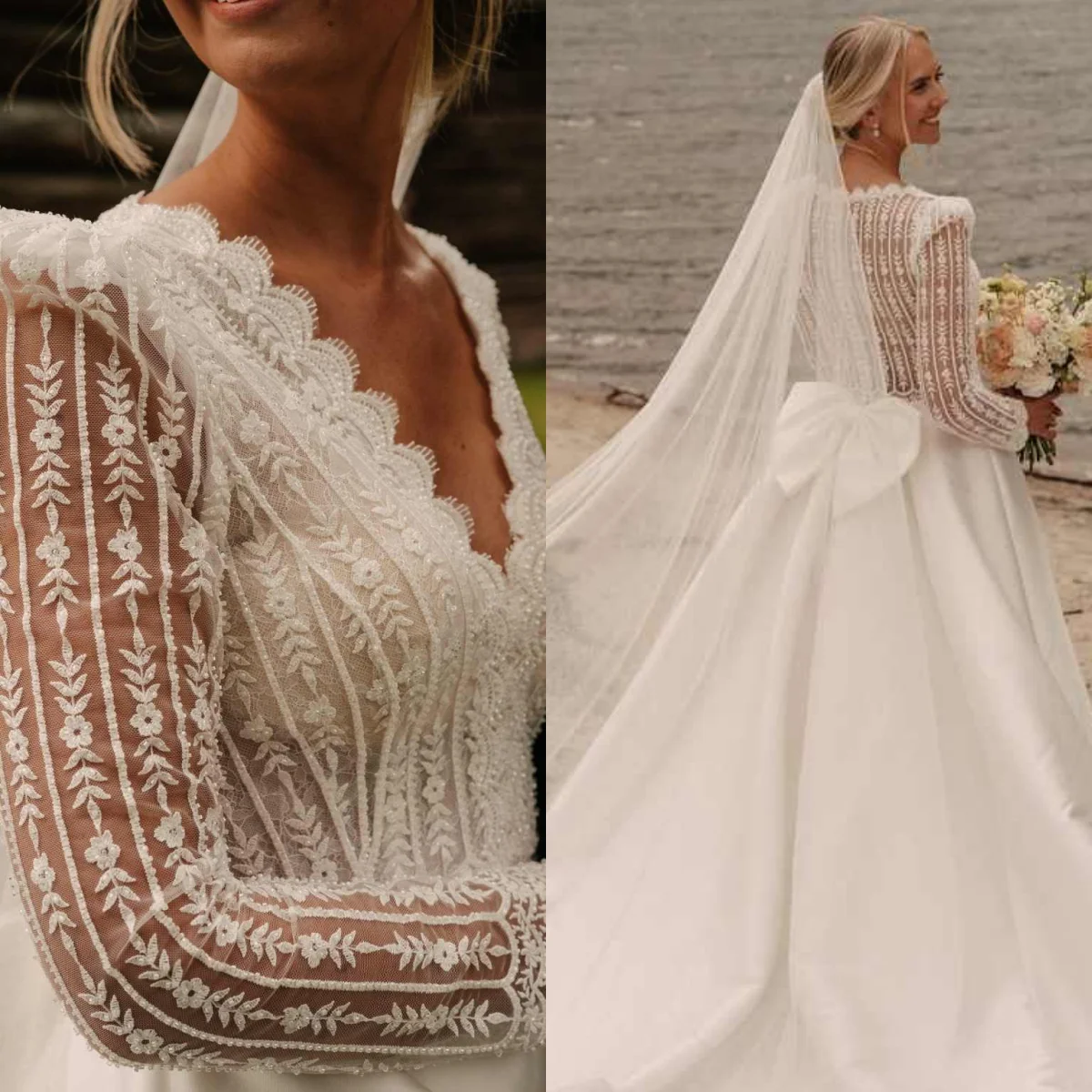 

Gorgeous Lace Appliques Bridal Gowns Long Sleeve V Neck A Line Wedding Dresses With Veils Customized Vestidos De Novia