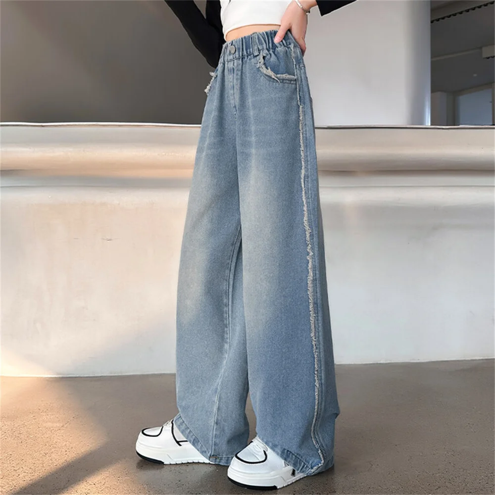 24605 Fashionable Summer Slim Wide Leg Pants Students Girls Jeans Children\'s Kid Jeans Denim Straight Leg Pants