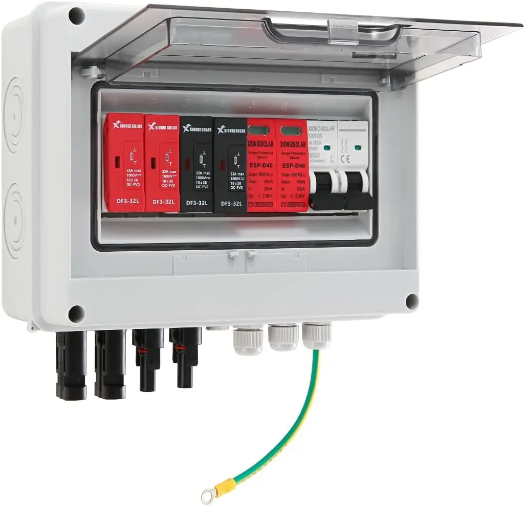 

600V Solar DC PV Combiner Box, 2 String with Lightning Arrester, 15A Fuse, 63A Breaker, IP65 Waterproof for On/Off Grid Systems