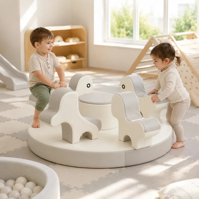 Custom Motorized White Grey Soft Play Merry Go Round 4 Seat Kid Electric Carousel for Indoor Playground Daycare and Party Rental