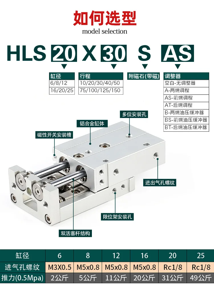 HLS Slide Table Cylinder with Guide Rail HLS6/8/12/16/20/25X10X30X40X50X75SA