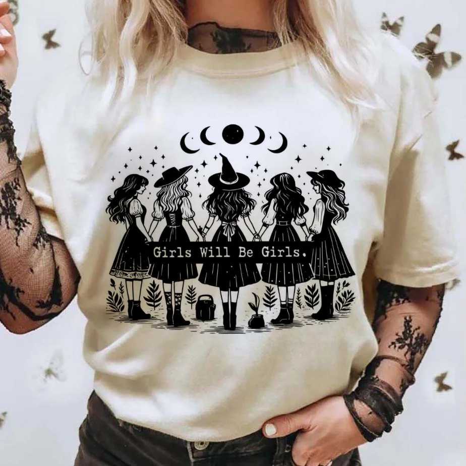 Retro Girls Will Be Girls Witch Gothic Moon Phase Women's Printed Watercolor T-Shirt Fun Versatile Short Sleeve Women's T-Shirt