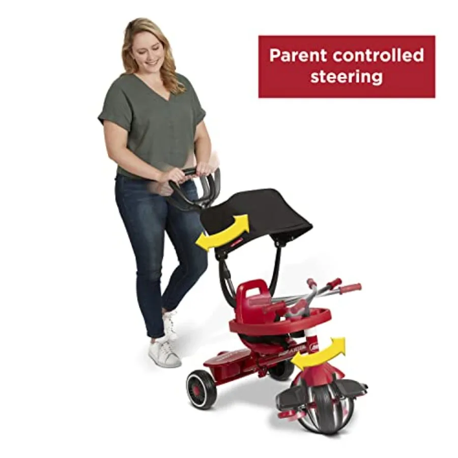 스트롤앤트라이크는 아이와 함께 성장하며, 1-5세 어린이를 위한 부모 조종 방식에서 페달 방식으로 변환 가능하며, 안전벨트와 자외선 차단 기능이 있습니다.