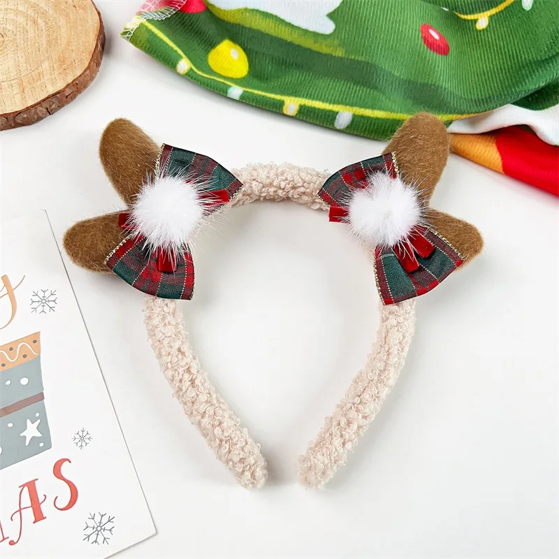 Рождественская повязка на голову с рогами, повязка для волос для косплея с бантами, праздничный обруч для волос для праздничного костюма, реквизит для фотосессии, аксессуары для волос