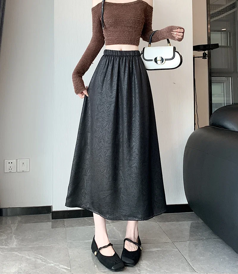 New Retro PU Leather Long Dress  Elastic Waist Slim A-line Dress 2024 Autumn Winter