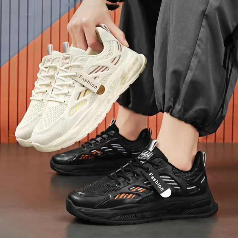 Oulylan Versatile Soft Soled Lace Up Sneakers Summer Mesh Breathable Sport Footwear 2025 Men Pure Color Lightweight Casual Shoes