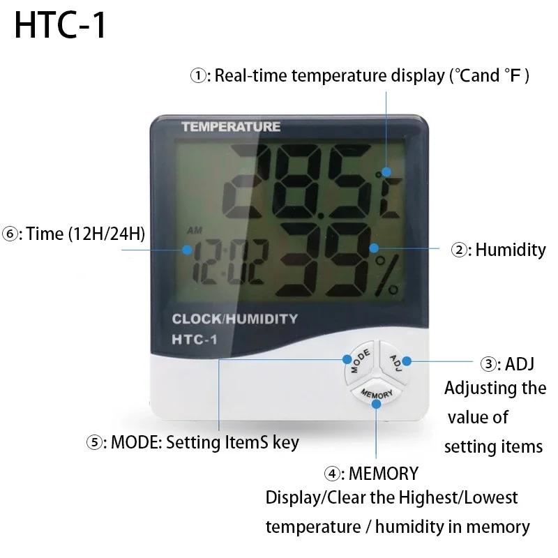 3.8'' LCD Digital Temperature Humidity Meter HTC-2/HTC-1 Home Indoor Outdoor Hygrometer Thermometer Weather Station with Clock