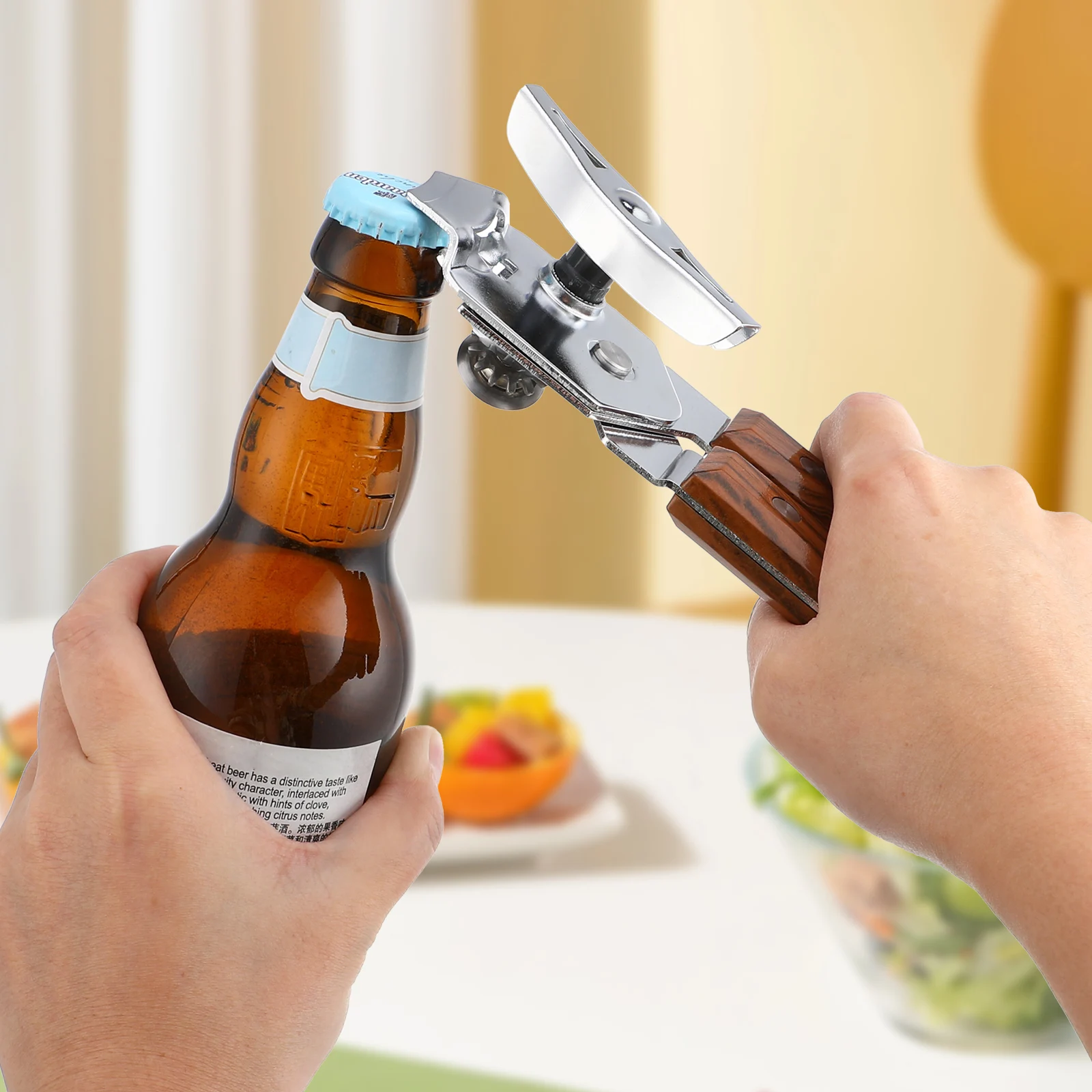

Stainless Steel Can Opener Bottle Jar Opener Multifunctional Rustproof Redwood Handle Bar Supplies Kitchen Tool Easy
