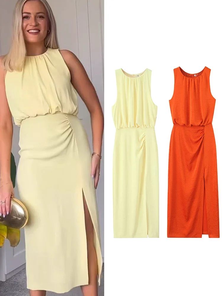 

2025 Summer New Women Draped Long Dresses Sleeveless Hem Slit Midi Dress Female Vintage Casual Pleated Beach Vestidos