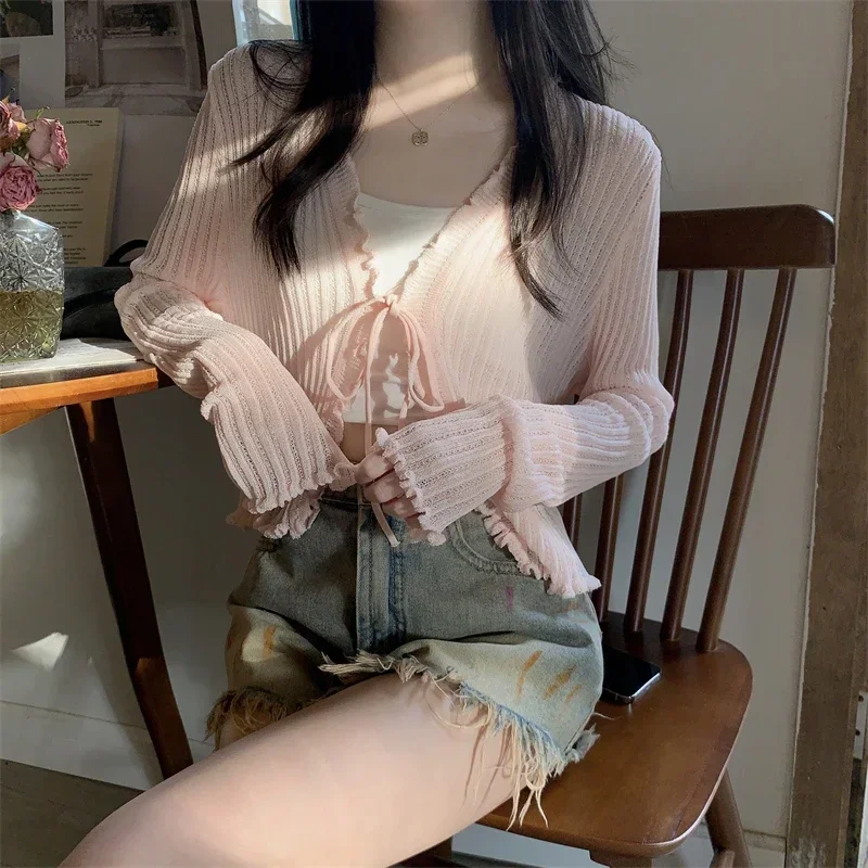 Black Tie Thin Knitted Cropped Cardigan Women Summer Korean Casual Lace Long Sleeve Short Outerwear 7 Colours