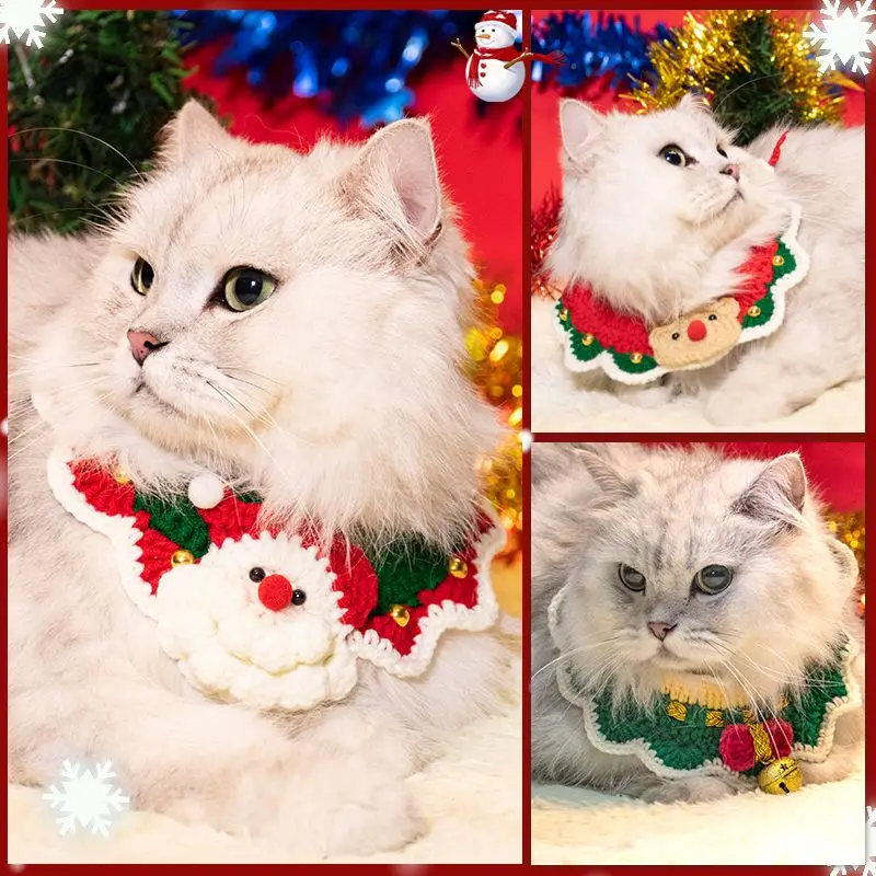 

Christmas Cat Collar Bell Knitted Bandana Cute Pet Bib Scarf Adjustable Plush Kitten Neckwear Holiday Festive Decoration Gift