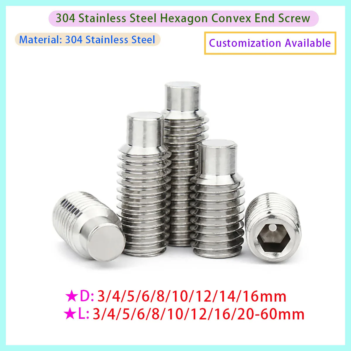 M2 M2.5 M3 M4 M5 M6 M8 M10 M12 304 Stainless Steel Hexagonal Concave Convex Surface Headless Bolt Stop Screw