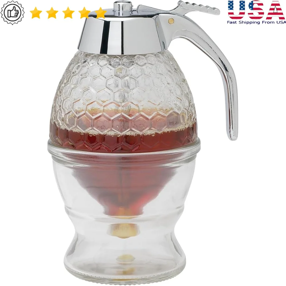 

Glass Syrup Honey Dispenser with Storage Stand 8oz Capacity Ergonomic Handle Drip-Free Center Spout Easy Single-Handed Use