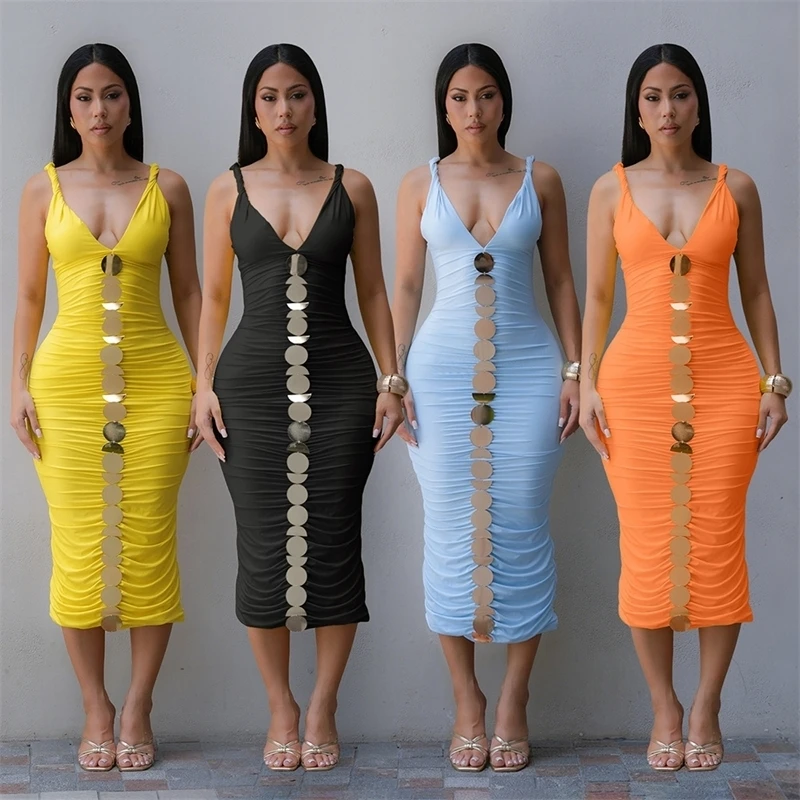 

Sexy 2026 Summer Beach V-neck Strap Sequined Midi Bodycon Dress Women Ruched Sexy Evening Club Party Dresses Pencil Vestidos