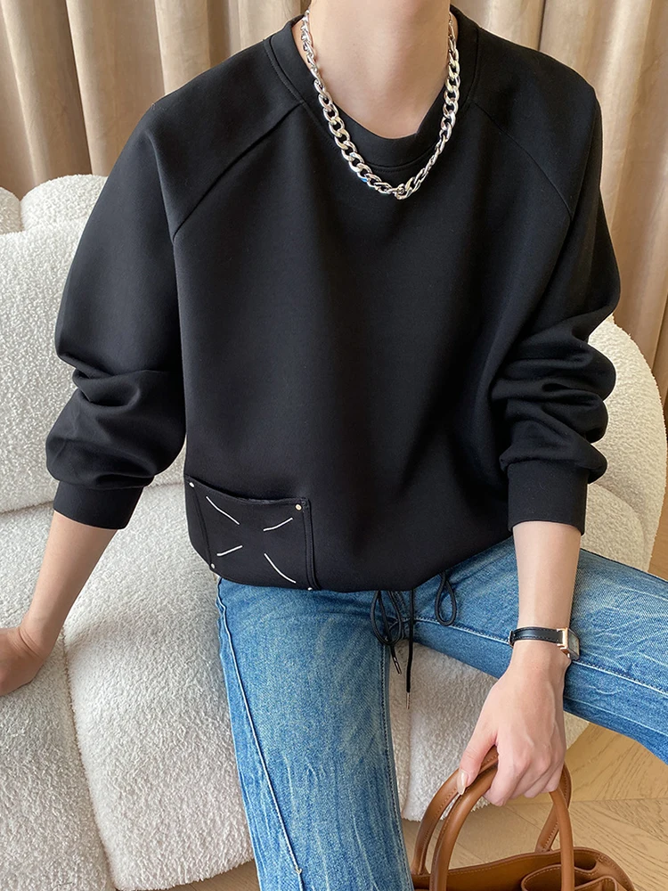 [LANMREM] Embroidered Design Pullover Sweatshirt Women Solid Round Neck Long Sleeve Casual Loose Tops 2025 Spring New 26D6445