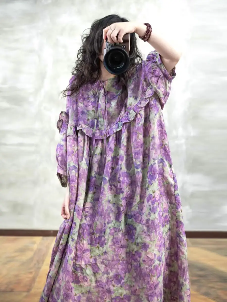 Summer Seaside Printed Flower Cotton Long Dress Women's Casual Loose Lantern Sleeve Ruffles Oversize Patchwork Robe X1388