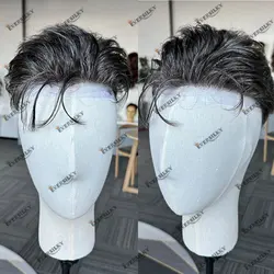 90%Density 0.02MM Invisibility Thin Skin Prosthetic Grey Black Male Toupee 100% Human Hair For Men Capillary Prosthesis System
