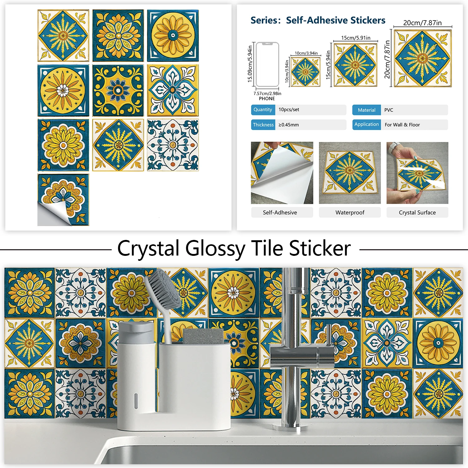 Pegatina de azulejos de estilos pintados a mano Vintage español, protector contra salpicaduras de cocina a prueba de aceite, pegatinas artísticas impermeables para pared