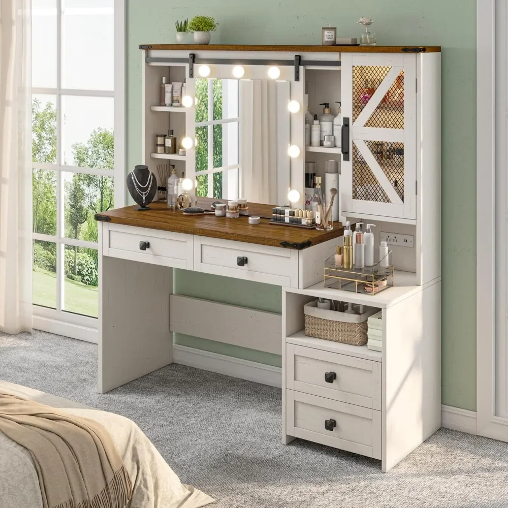

47.2 "W farmhouse dressing table with mirror and light, dressing table, charging station and 4 drawers, bedroom dressing table