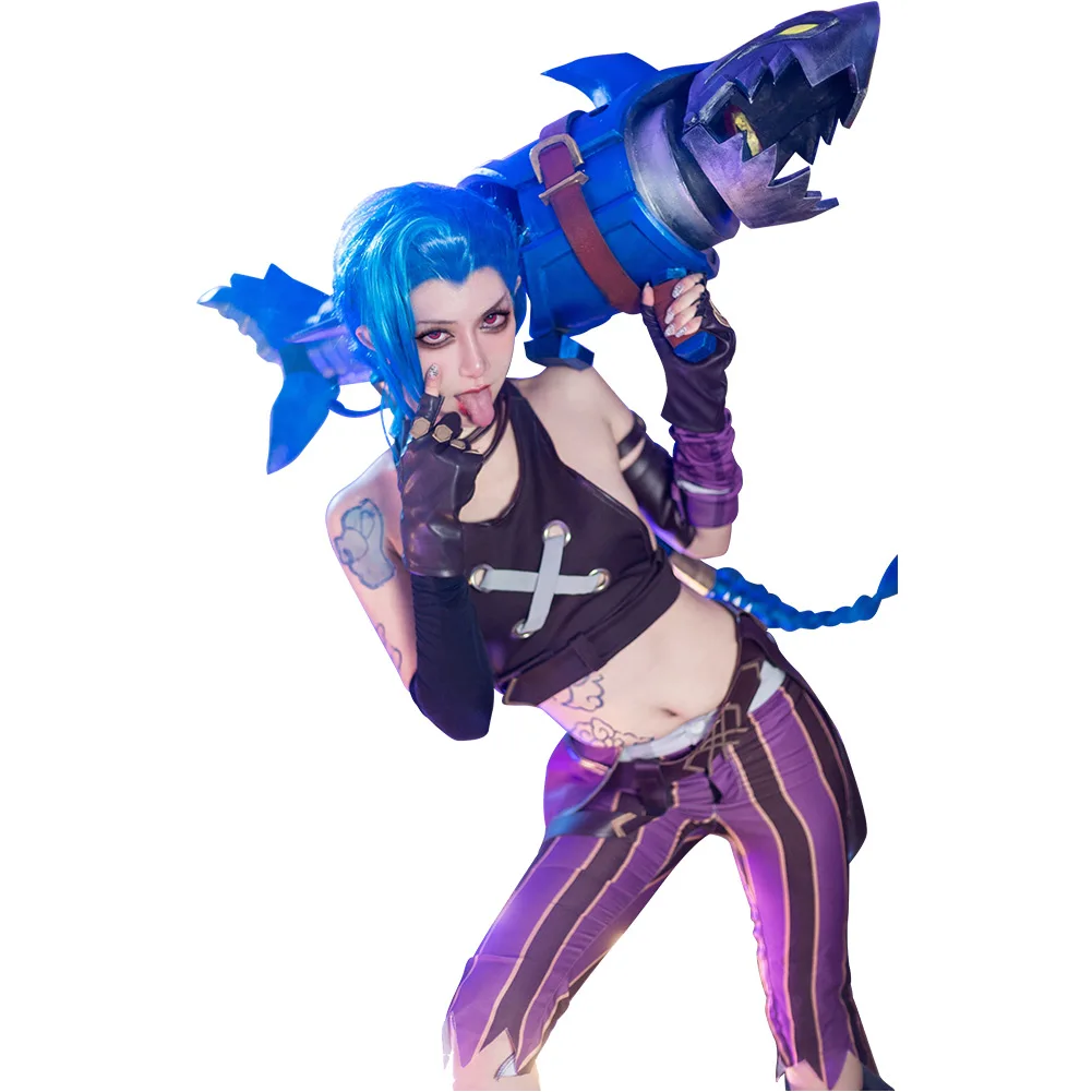 LoL Jinx Cosplay Costume pour femme, tube net, Y-pantalon, ceinture, gants, tenues uniformes, Halloween, carnaval, déguisement de fête imbibé