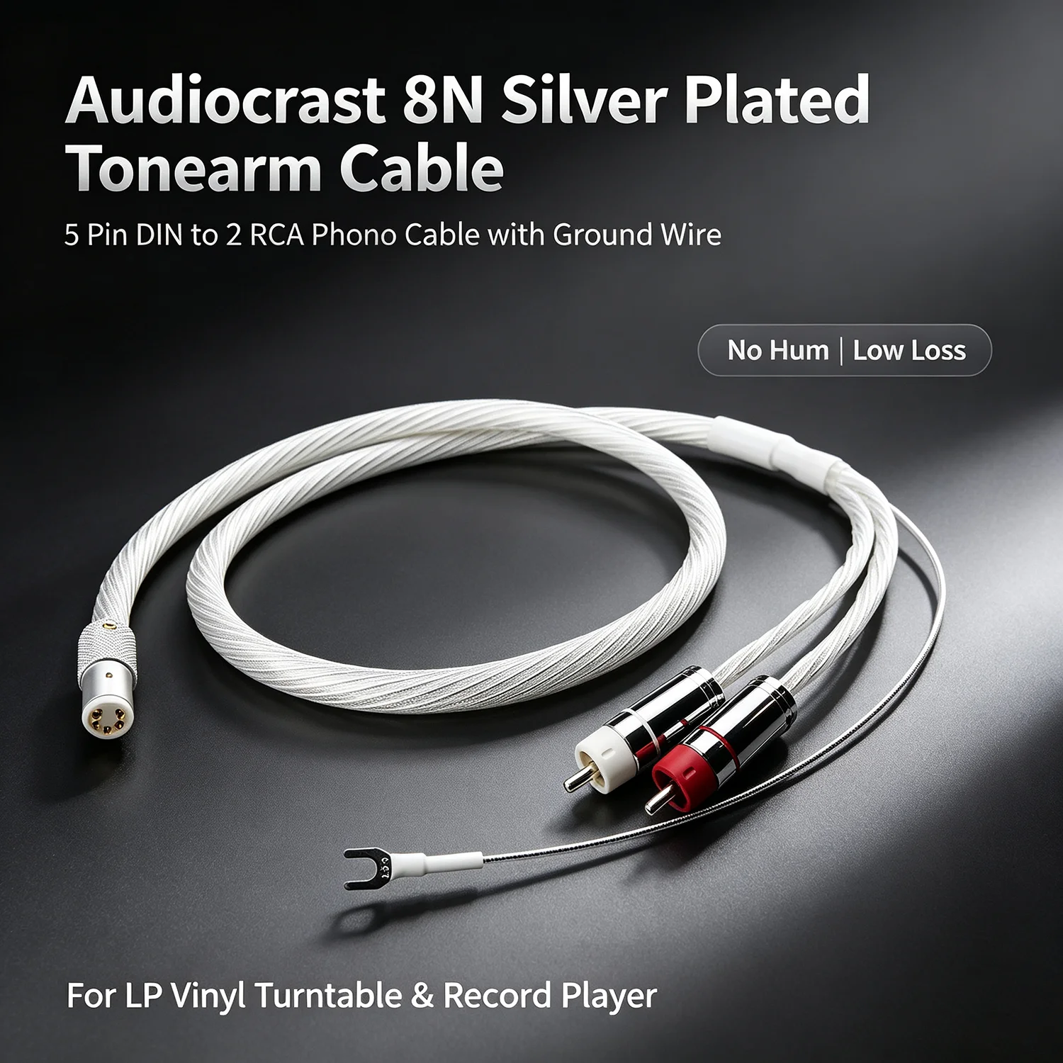 Audiocrast HIFI 5 Pin DIN to 2 RCA Tonearm Cable 8N Silver Plated Ground Wire No Hum For Vinyl Turntable