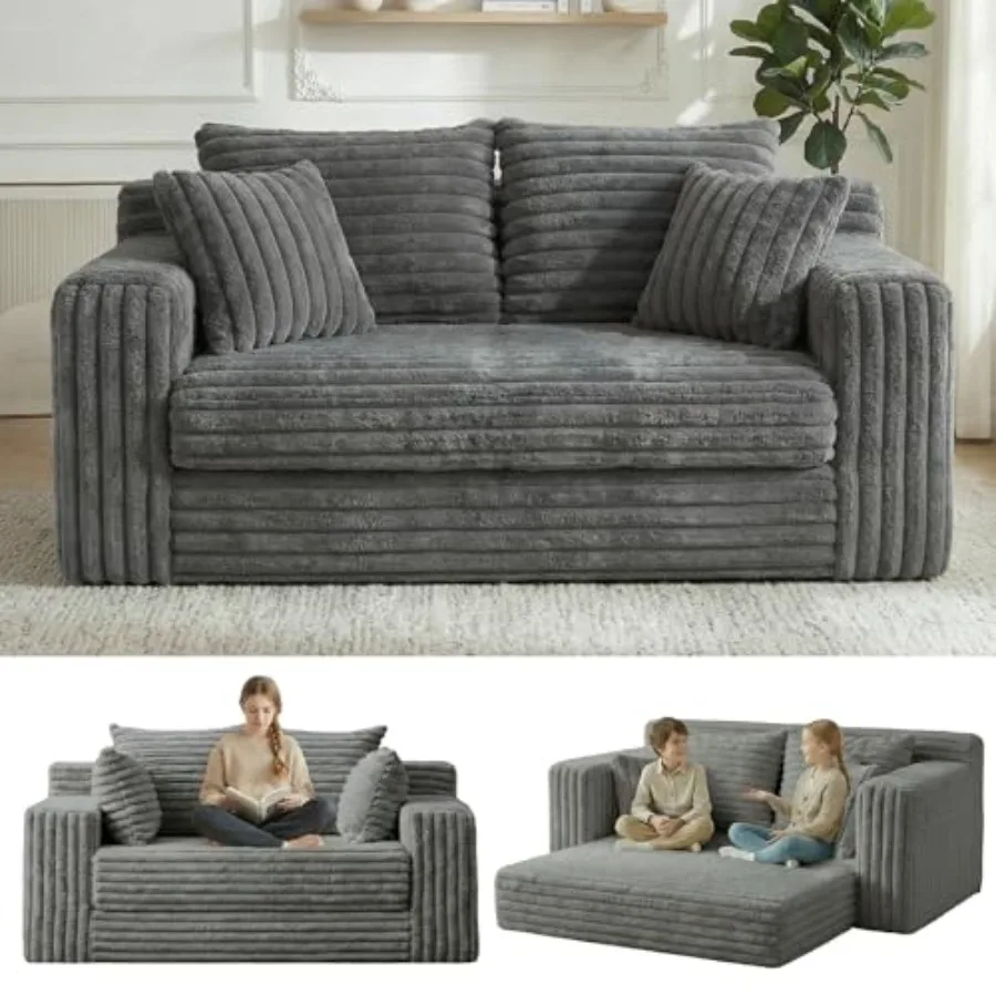 3-in-1 Convertible Sofa Bed: Boneless Loveseat Sleeper Folding Couch Bed with 4 Pillows Detachable Cushion Furry Futon Couch fo