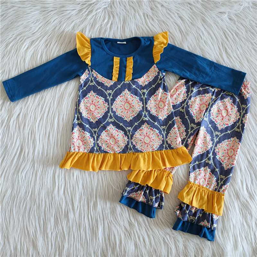 

Navy damask ruffle pants sets