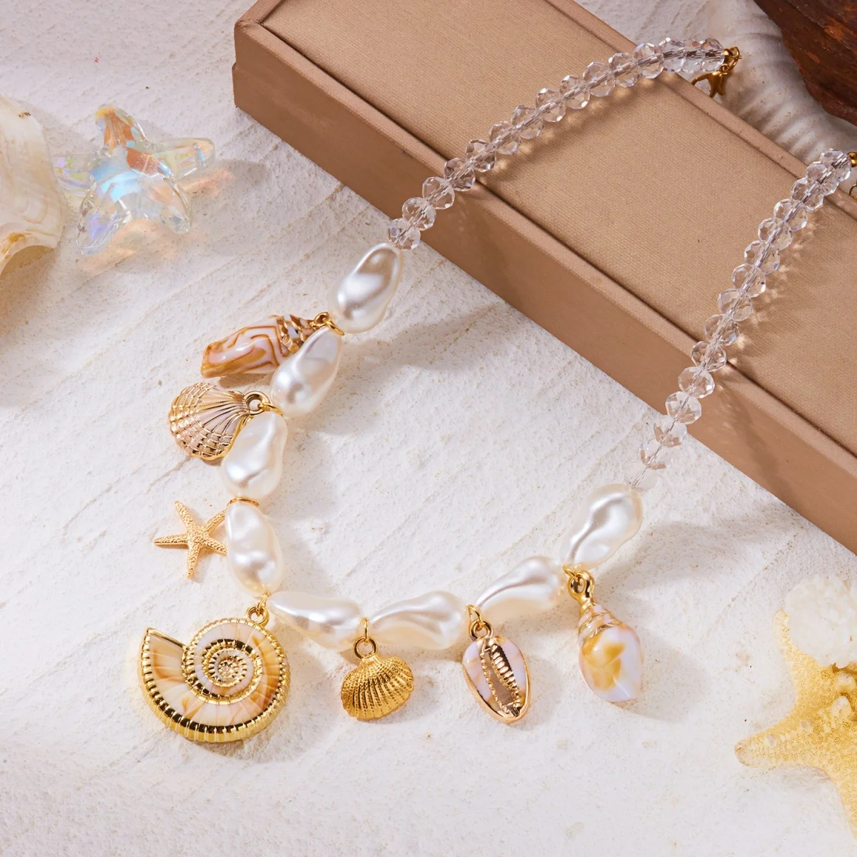 Acryl-Muschel-Seestern-Anhänger-Halskette für Damen und Herren, barocke Imitationsperlen, Kristall, gespleißte Perlen, Choker, Sommerschmuck – Detail 11