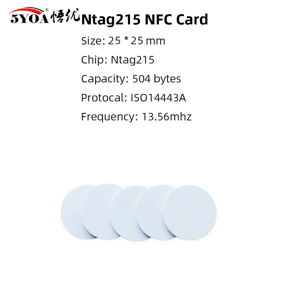 5YOA 100pcs Cartões NFC Ntag215 13.56MHz ISO IEC14443A Moedas de emblemas de chave de PVC à prova d'água 25mm para controle de acesso e pagamentos móveis