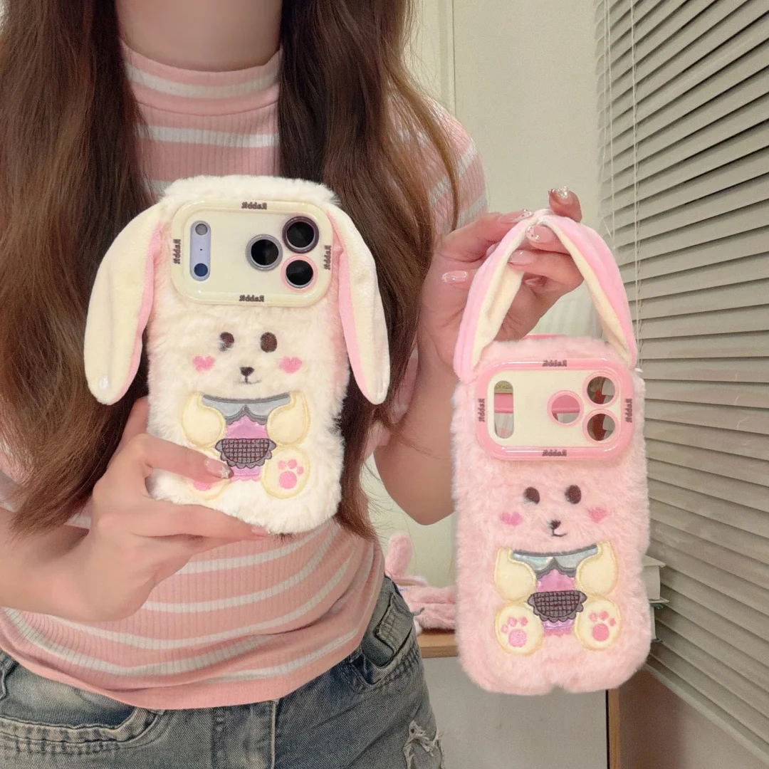 

3D Long Ear Plush Rabbit Phone Case For iPhone 16 15 14 13 12 Mini 11 17 Pro Max Plus XS Lovely Fluffy Bunny animal Cover