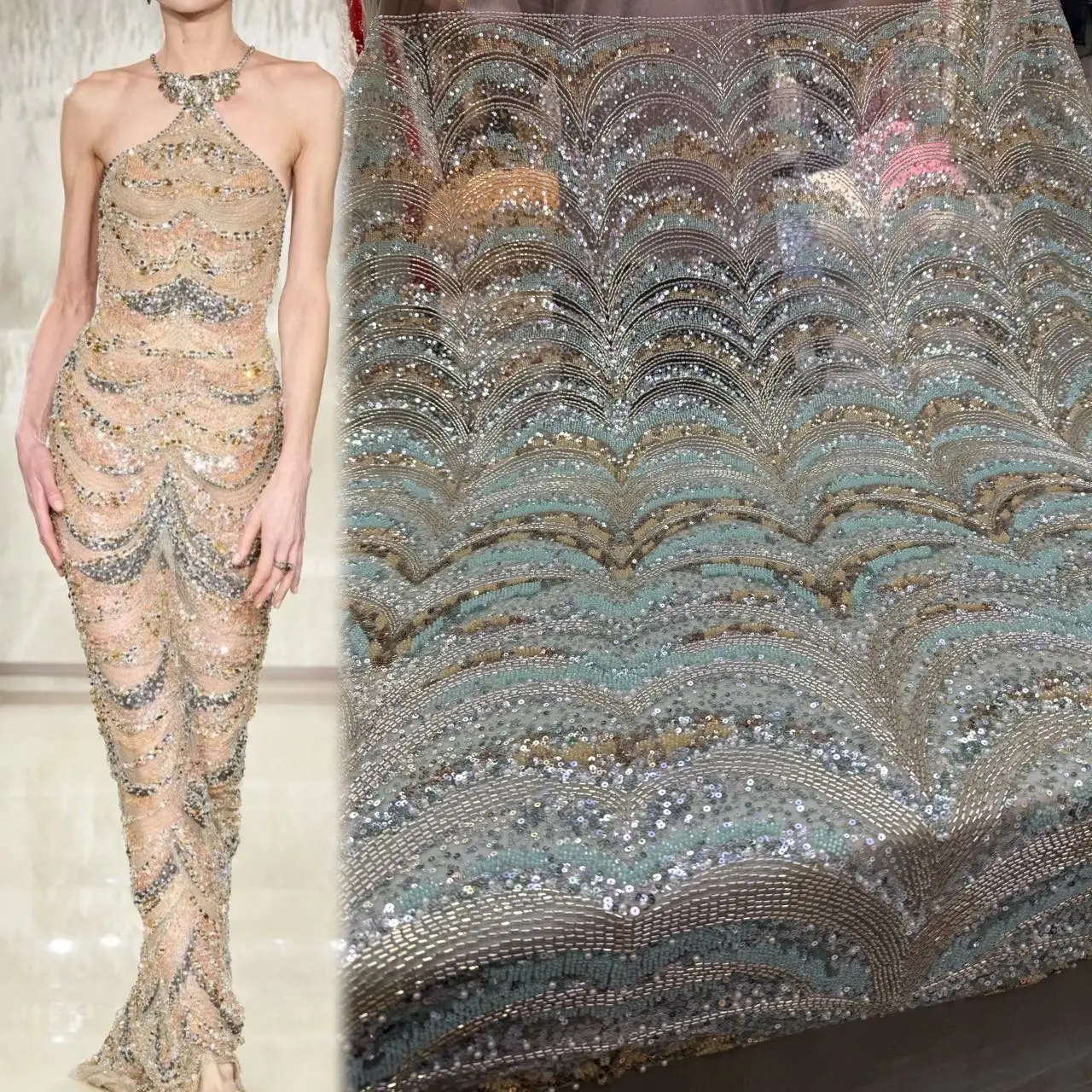 

Fashion African Beaded Lace Fabric Sequins Tulle Mesh Embroidery Lace for Wedding Bridal Fabrics High Quality Laces Dresses 2025