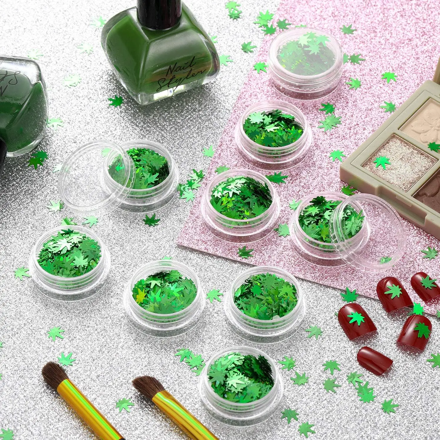 4 Boxes Green Weed Leaf Glitter Nails Sequin Plant Pot Leaf Sequin Nail Design Foliage Glitter for DIY Accessories Supplies