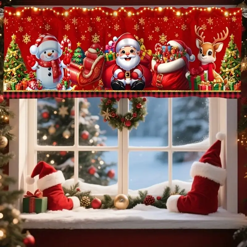 VIKAMA Christmas Window Valance Santa Reindeer Snowman Tree Gold Snowflake Print Kitchen Curtain Top Holiday Winter Decor