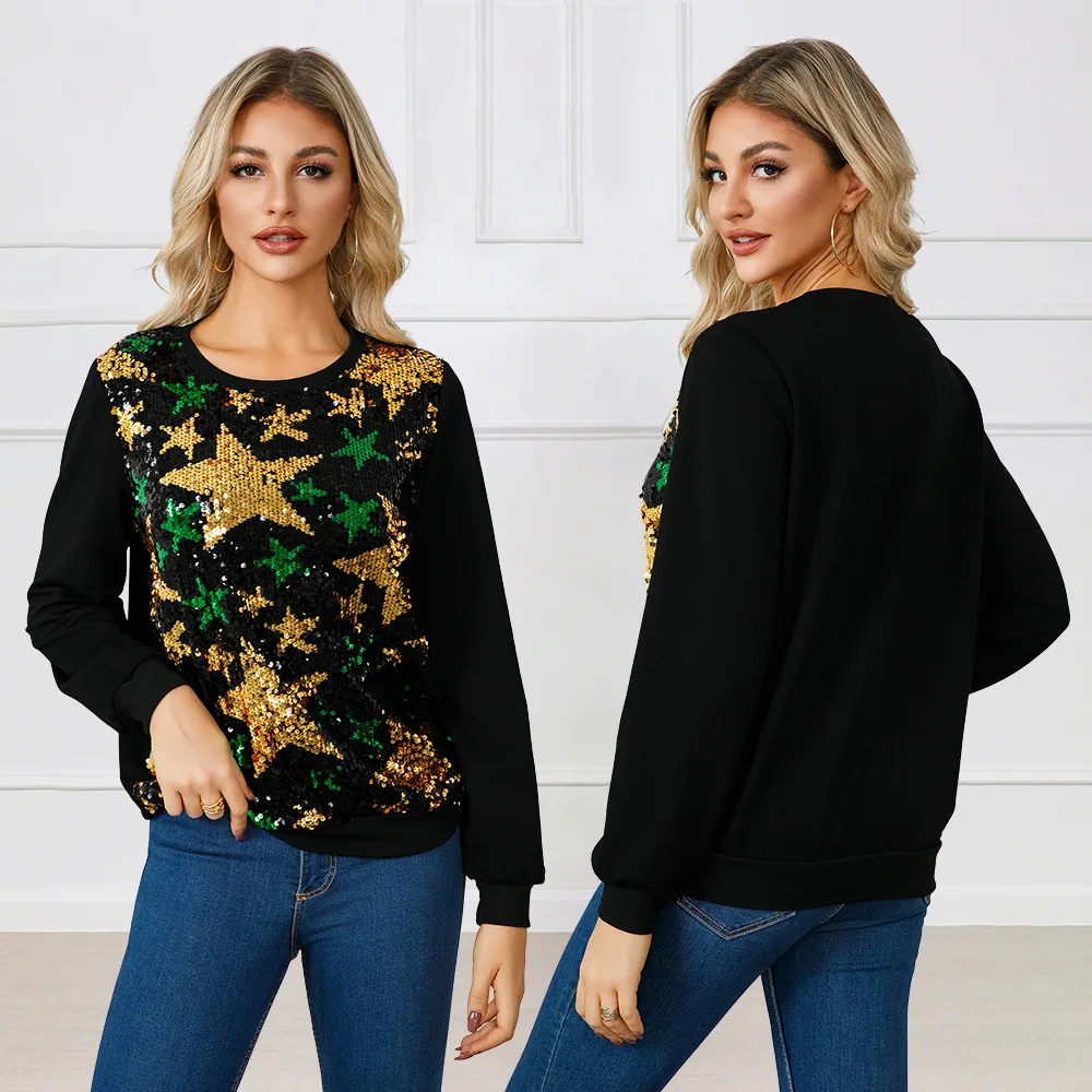 Damesjack met lange mouwen en sterpatroon Pailletten Europese en Amerikaanse stijl voor kerstfeest Elegant sweatshirt