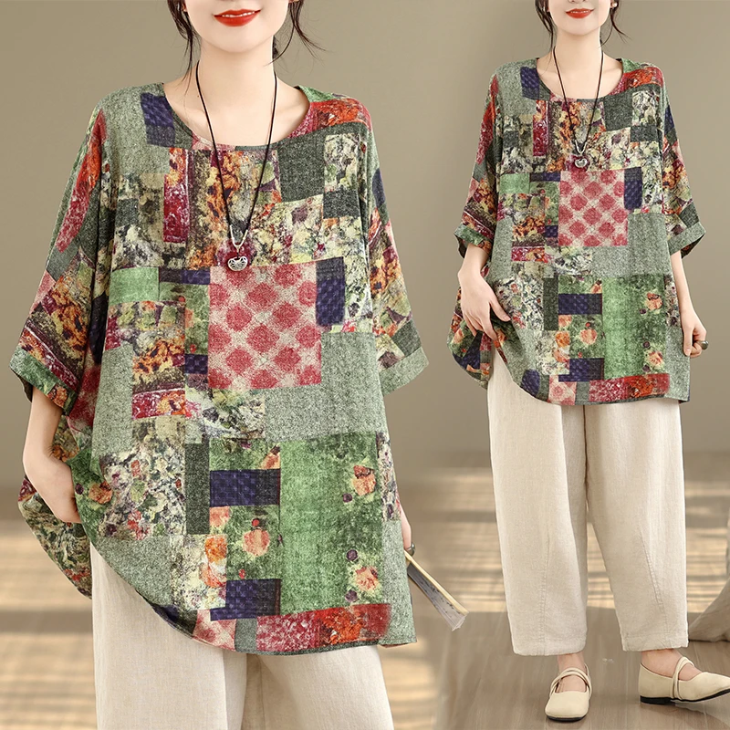 

Slimming Printed Loose Batwing Sve Ethnic Sle Top Women's plus Size Spring Faion Casual Polyester Cotton Blend T-irt