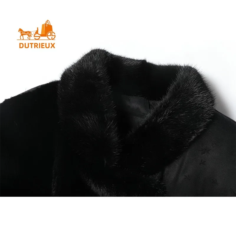 Winter New Down Jacket Mink Fur Coat for Women, Real Fur Goose Down Satin Embroidery Half Turtleneck Coat, Black Warm Jacket