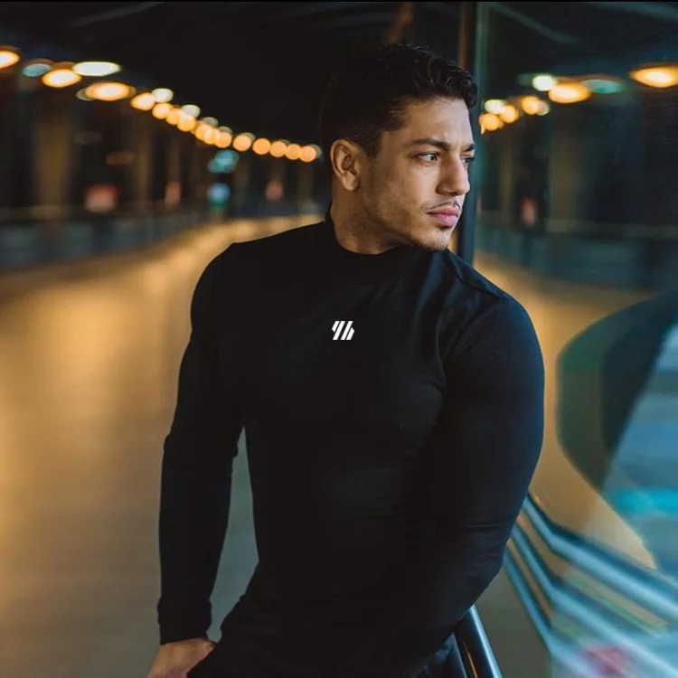 Men Muscle Shirts Turtleneck Long Sleeve Quick Dry Slim Fit for Men Workout Gym Fitness Underwear Tee Shirt