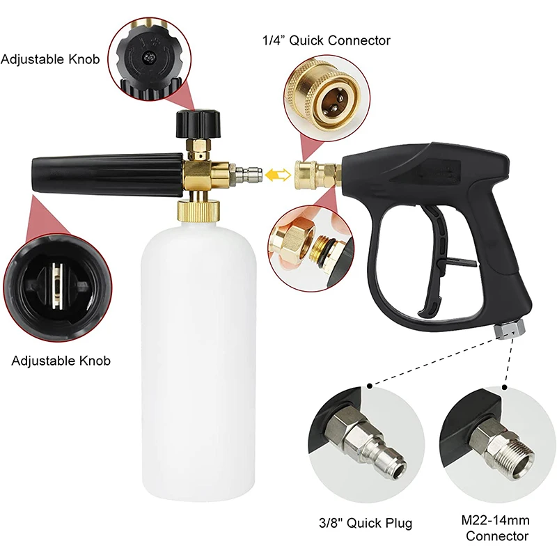 Foam Cannon for Pressure Washer Car Wash Foam Gun Kit M22-14mm and Quick Inlet Connector with Quick Connector  5PCS Nozzle Tips