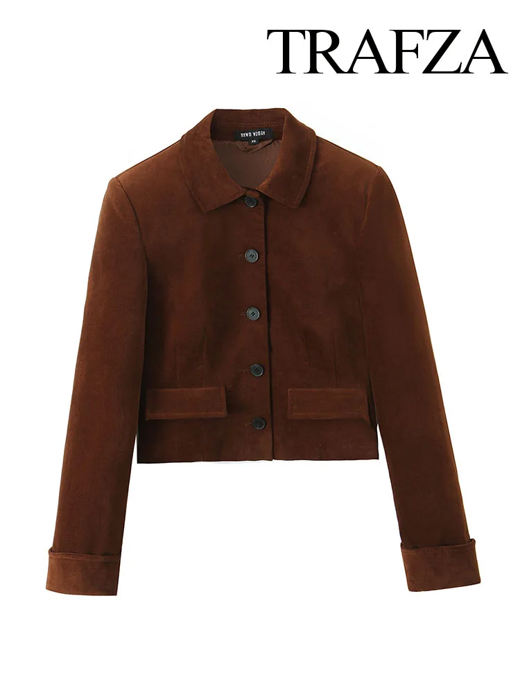 

TRAFZA Women's Fashion Versatile Single-Breasted Velvet Casual Short Coat Female Commuting Long Sleeve Turn Down Collar Jacket