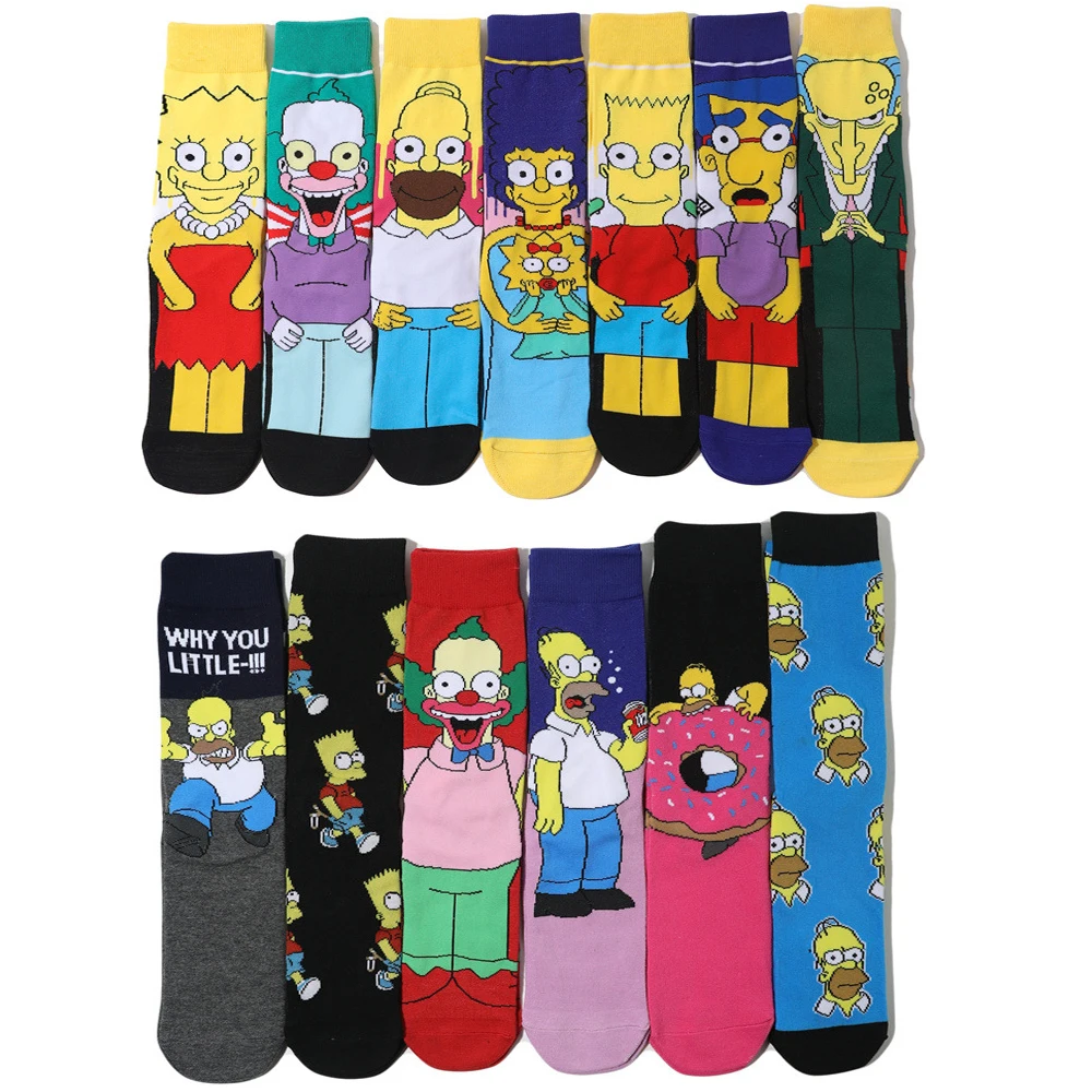 Harajuku Autumn The Simpsons Men Socks Cartoon Trend Personality Skateboard Women Socks Anime Middle Tube Cotton Unisex Socks