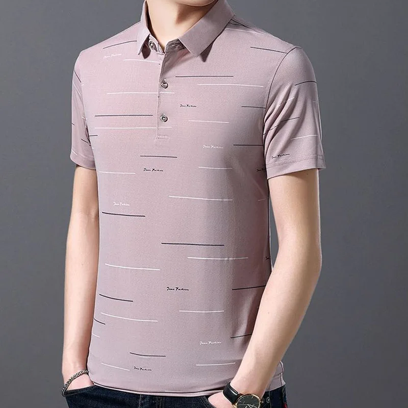 Trend All-match Men's Polo-Neck Printed T-shirt Summer Male Clothes Business Office Casual Button Spliced Short Sleeve Tops