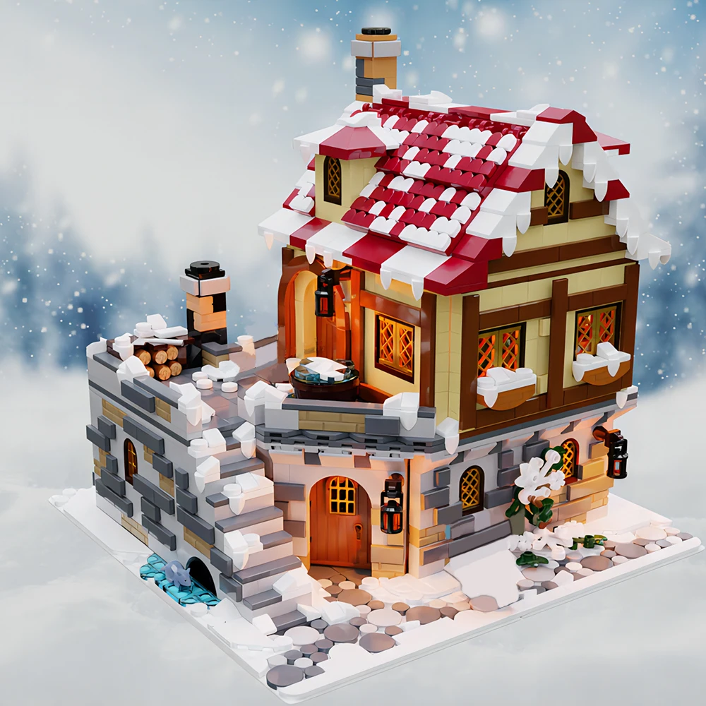 MOC Architecture City Hot Sale Christmas Street Scene Tavern Under the Snow Creative Snow House Model DIY Toy Boy New Year Gift