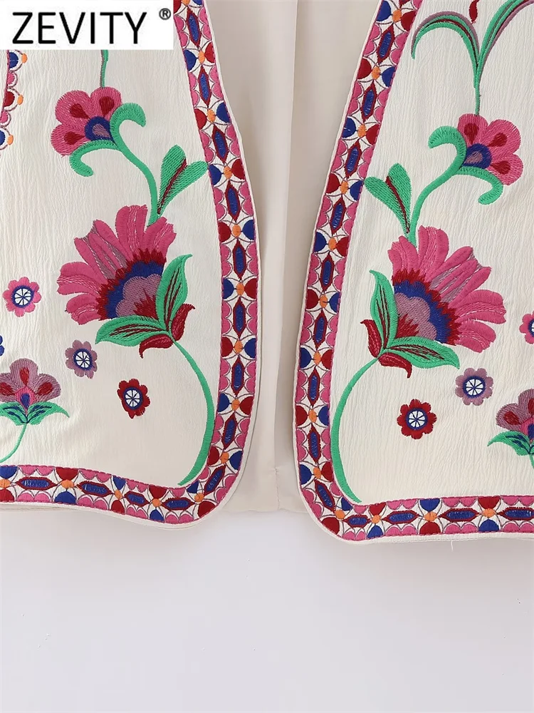 Zevity Vrouwen Nationale Mouwloze Positie Bloemenborduurwerk Kort Vest Jack Dames Nationale Stijl Casual Vest Tops Ct4110