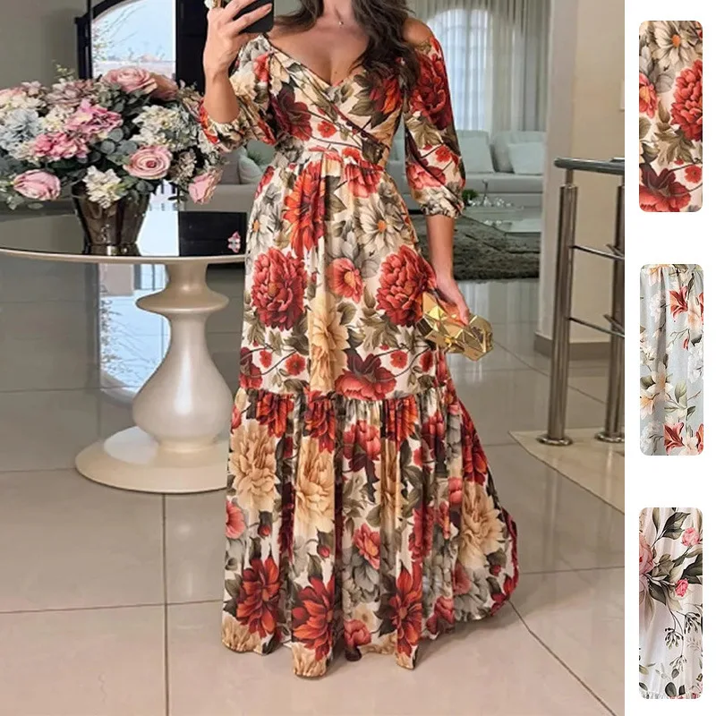 

Women's Dresses 2026 Spring Summer New Floral Printed Maxi Dress Elegant Fashion V-neck Big Sway Dress For Women Robe Femme