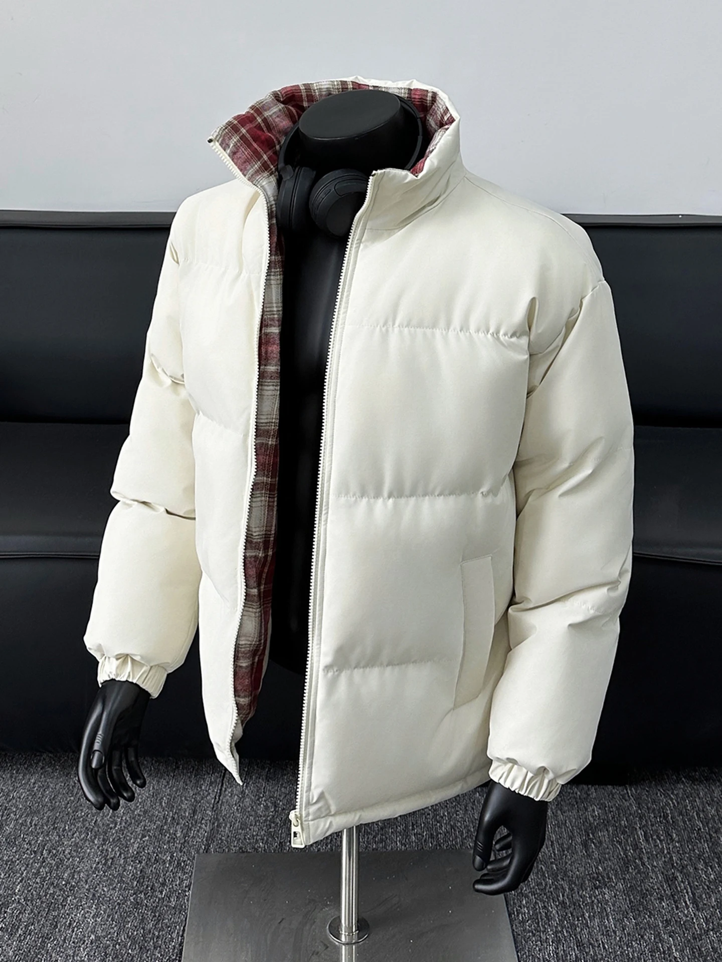 

Мужская повседневная свободная куртка-пальто из полиэфирного волокна с воротником-стойкой и подкладкой в клетку для подростков, осенне-зимняя коллекция